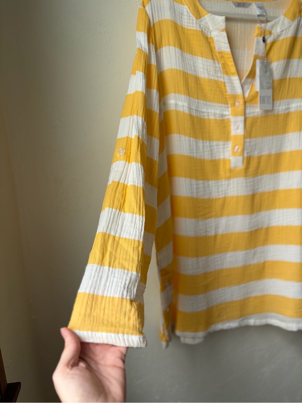 Kaktus Yellow White Stripe Cotton Gauze Henley Tunic Top NWT L - Picture 5 of 10